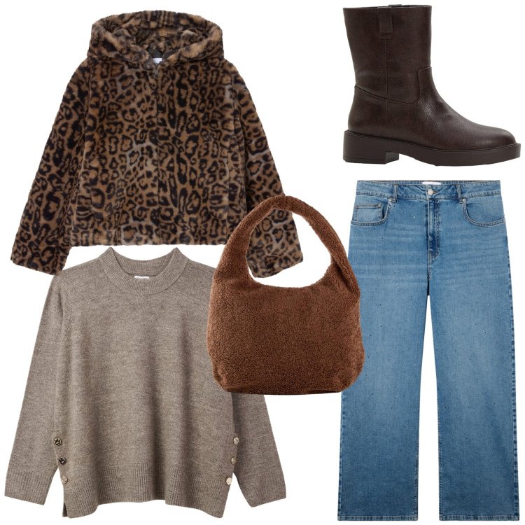 Outfit donna - Comoda e trendy. Stile Trendy per Tutti i giorni. Abbinamento con stivaletti, shopping bag, jeans, maglieria, ecopellicce.