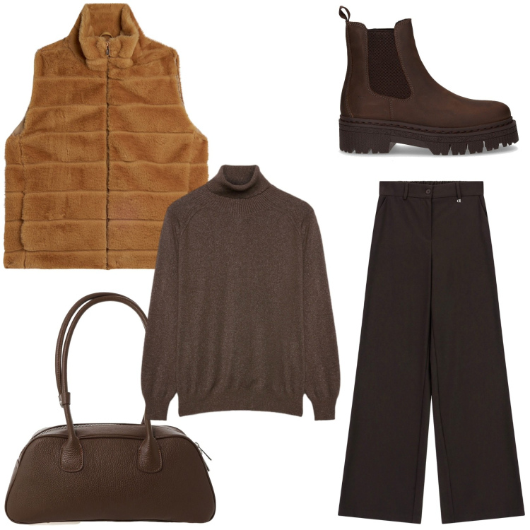 Outfit donna - Comodo e alla moda color cioccolato. Stile Urban per Tutti i giorni. Abbinamento con pantaloni a palazzo, borse a mano, gilet, stivaletti chelsea, maglieria.