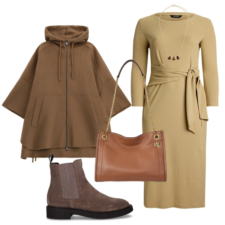 Outfit donna - Comfy autunnale. Stile Bon Ton per Ufficio. Abbinamento con cappotti, collane, vestiti, borse tote, stivaletti chelsea.