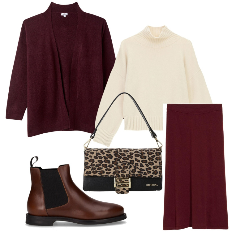 Outfit donna - Comfy autunnale. Stile Chic per Ufficio. Abbinamento con gonne, cardigans, borse a spalla, maglieria, stivaletti chelsea.