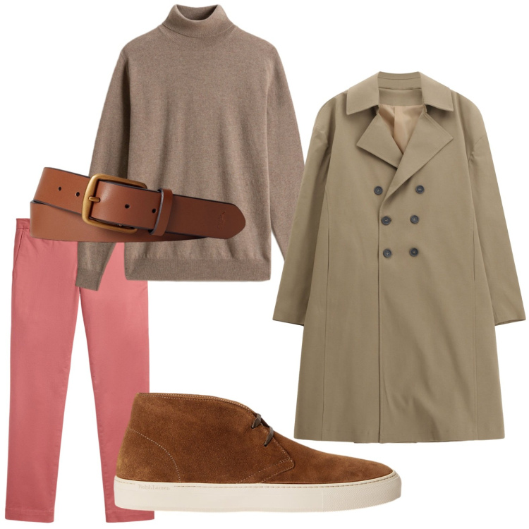 Outfit uomo - Effetto weekend. Stile Casual per Tutti i giorni. Abbinamento con maglieria, trench, cinture, pantaloni chino, sneakers.