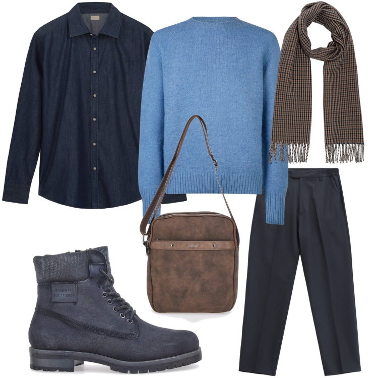 Outfit uomo - Sobrio. Stile Trendy per Ufficio. Abbinamento con pantaloni, portafogli, stivali e stivaletti, camicie, maglieria, sciarpe.