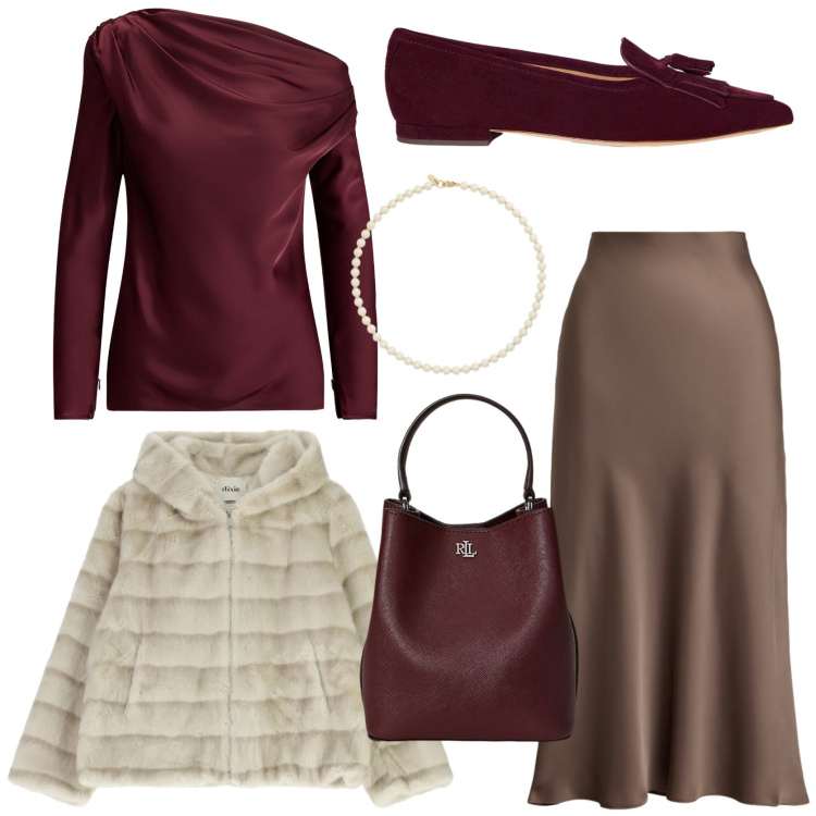 Outfit donna - Elegante e confortevole. Stile Glamour per Cerimonia. Abbinamento con blazer, collane, gonne, borse a secchiello, ballerine, bluse.