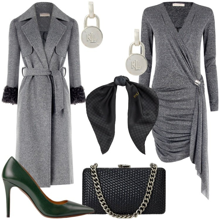 Outfit donna - Sfumature di grigio. Stile Chic per Serata fuori. Abbinamento con vestiti asimmetrici, cappotti, orecchini, clutch, décolleté, foulard.