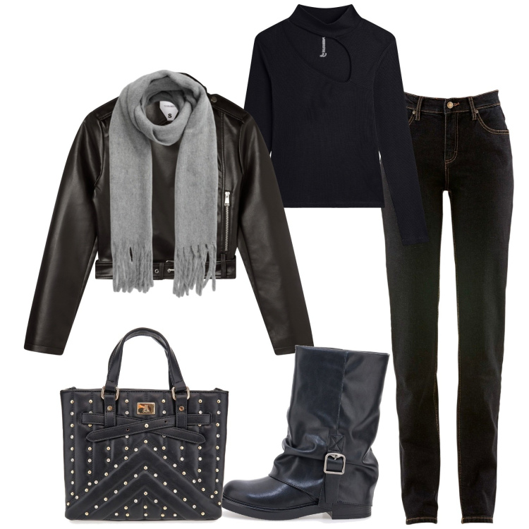 Outfit donna - Total look #2277408. Stile Casual per Tutti i giorni. Abbinamento con jeans mom, giacche, sciarpe, maglieria, borse a mano, stivaletti.