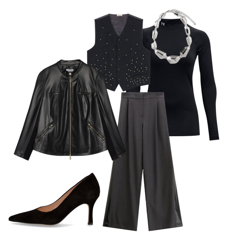 Outfit donna - Brillantini sul gilet. Stile Chic per Serata fuori. Abbinamento con pantaloni, gilet, giacche, pullovers, décolleté, ciondoli.