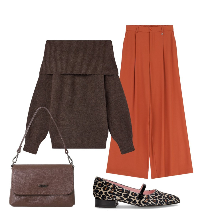 Outfit donna - Comoda e pratica. Stile Glamour per Ufficio. Abbinamento con maglieria, borse a tracolla, pantaloni a palazzo, ballerine.