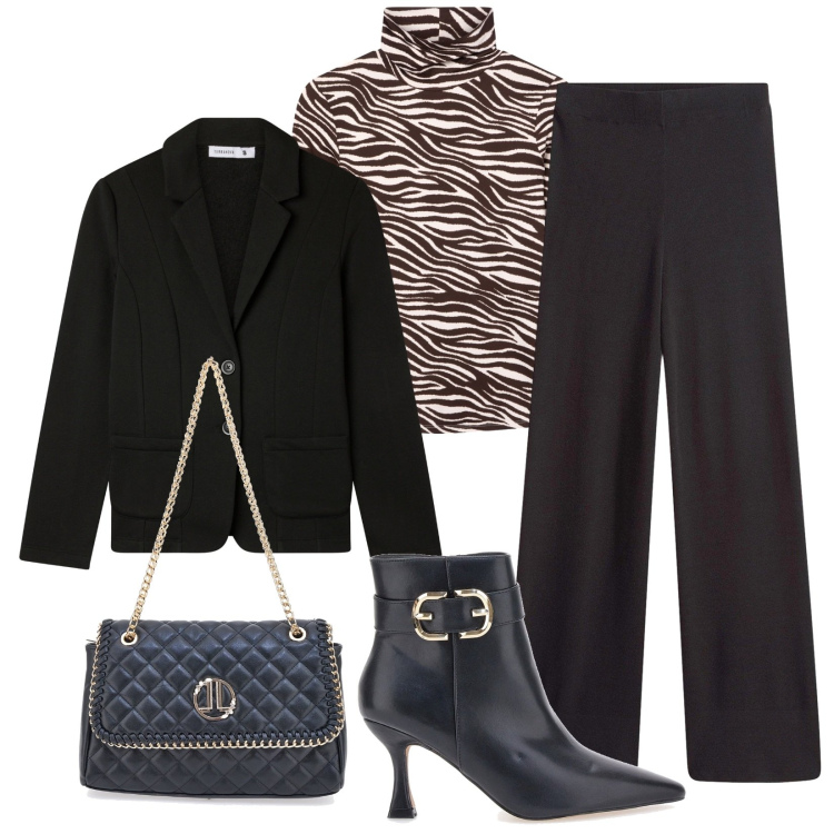 Outfit donna - Total look #2277412. Stile Chic per Serata fuori. Abbinamento con pantaloni, blazer, t-shirt, stivaletti, borse a tracolla.