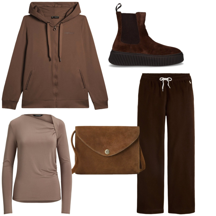 Outfit donna - Sporty chic. Stile Sporty chic per Tutti i giorni. Abbinamento con felpe sportive, borse a tracolla, top, pantaloni sportivi, stivaletti chelsea.