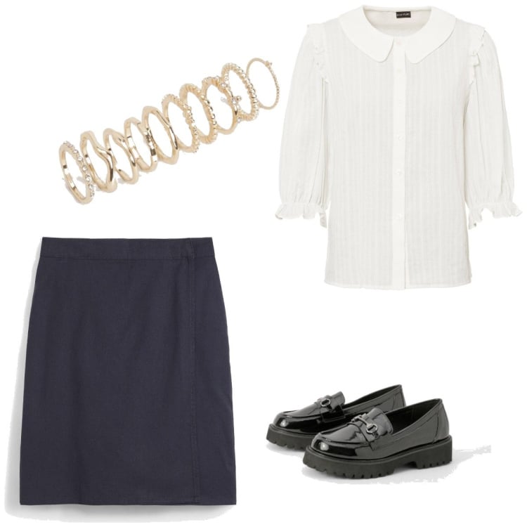 Outfit femme - Bon Ton #6172. Style Bon Ton pour Bureau. Assortir avec minijupes, chemisiers, mocassins, bagues.