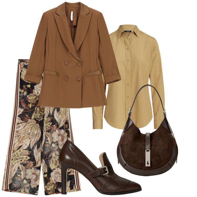 Outfit donna - Look caramello. Stile Glamour per Serata fuori. Abbinamento con blazer, pantaloni, borse a spalla, décolleté, camicie.