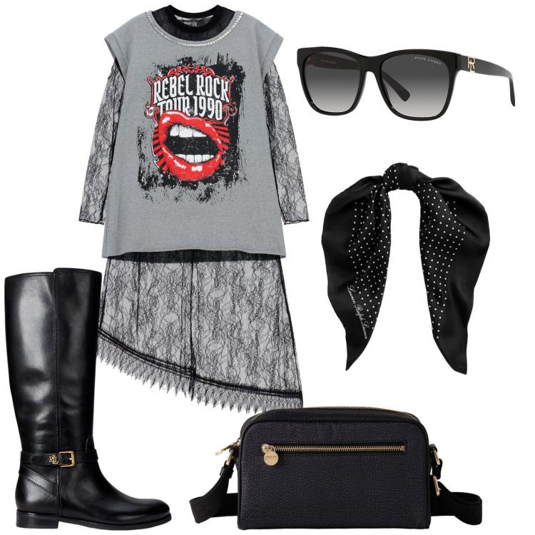 Outfit donna - Total look #2277420. Stile Rock per Tutti i giorni. Abbinamento con vestiti, occhiali da sole, foulard, stivali, borse a tracolla.