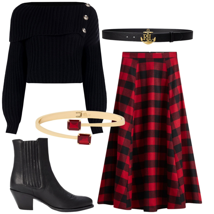 Outfit donna - Total look #2277421. Stile Rock per Serata fuori. Abbinamento con maglieria, gonne lunghe, cinture, stivaletti texani, braccialetti.