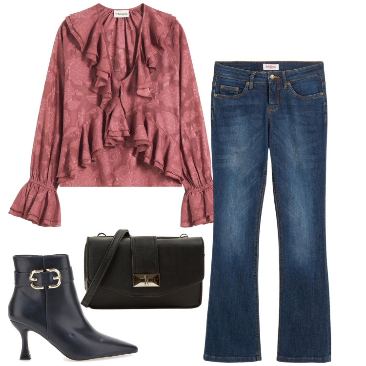 Outfit donna - Total look #2277425. Stile Casual chic per Serata fuori. Abbinamento con bluse, jeans bootcut, borse a tracolla, stivaletti.