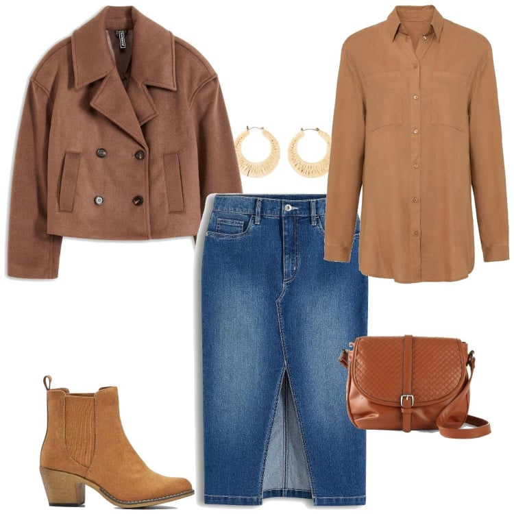 Outfit femme - Jupe en jean. Style Boho pour Tous les jours. Assortir avec chemisiers, sacs en bandoulière, boucles d'oreilles, bottines texanes, blazers, jupes.