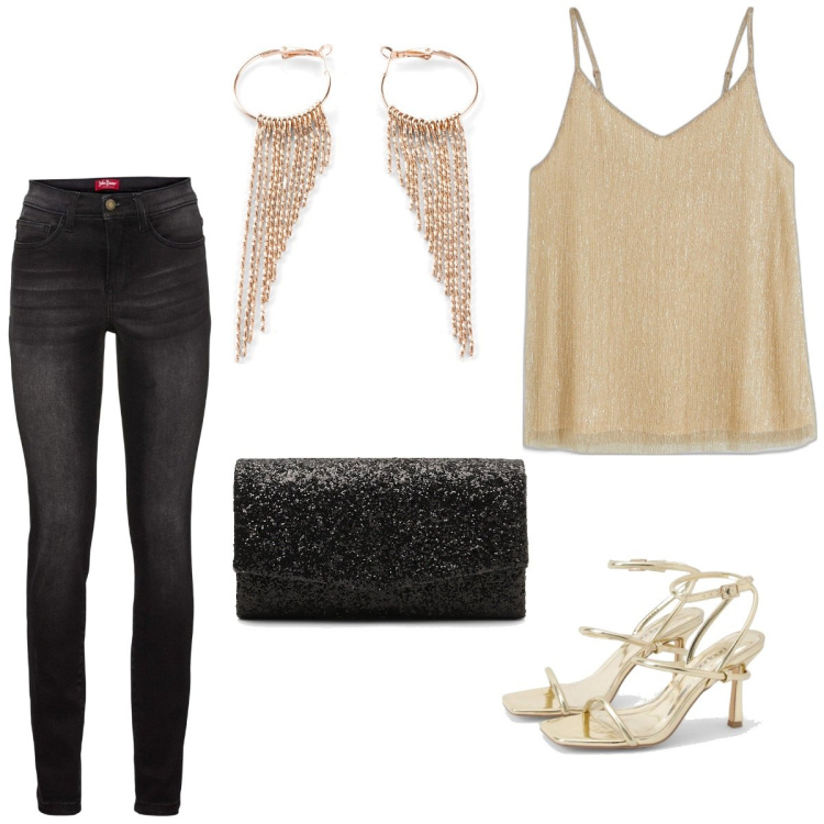 Outfit femme - Gold. Style Casual chic pour Soirée dehors. Assortir avec jeans, boucles d'oreilles, hauts, pochette, chaussures à talon.