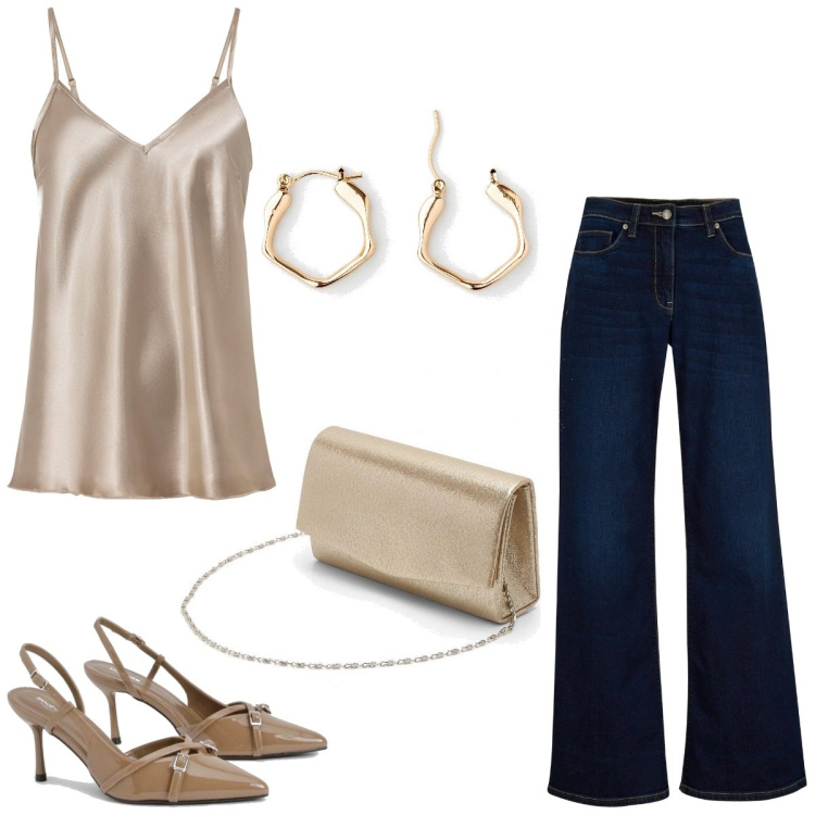 Outfit femme - Fluidité tendance. Style Casual chic pour Soirée dehors. Assortir avec hauts, jeans, boucles d'oreilles, pochette, chaussures à talon.