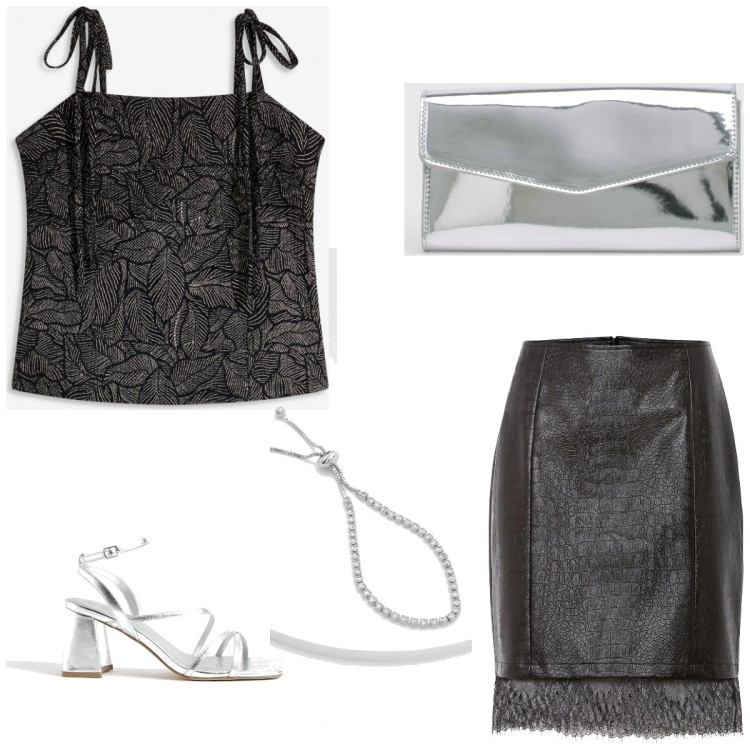 Outfit femme - Black miror. Style Casual chic pour Soirée dehors. Assortir avec jupes longues, hauts, sandales à talon, bracelets, pochette.