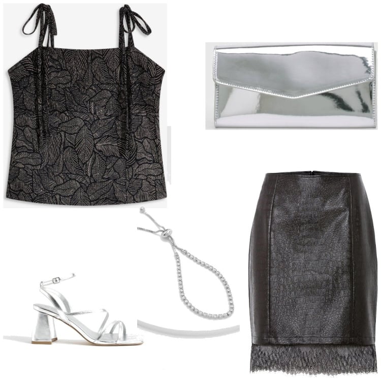 Outfit femme - Black miror. Style Casual chic pour Soirée dehors. Assortir avec jupes longues, hauts, sandales à talon, bracelets, pochette.