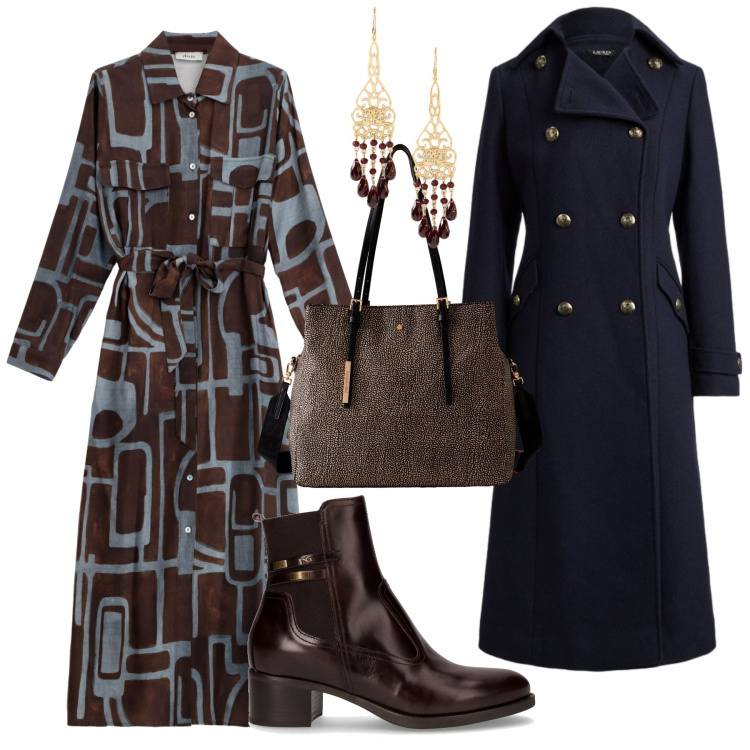 Outfit donna - Total look #2277433. Stile Trendy per Serata fuori. Abbinamento con vestiti lunghi, cappotti, orecchini, shopping bag, stivaletti.