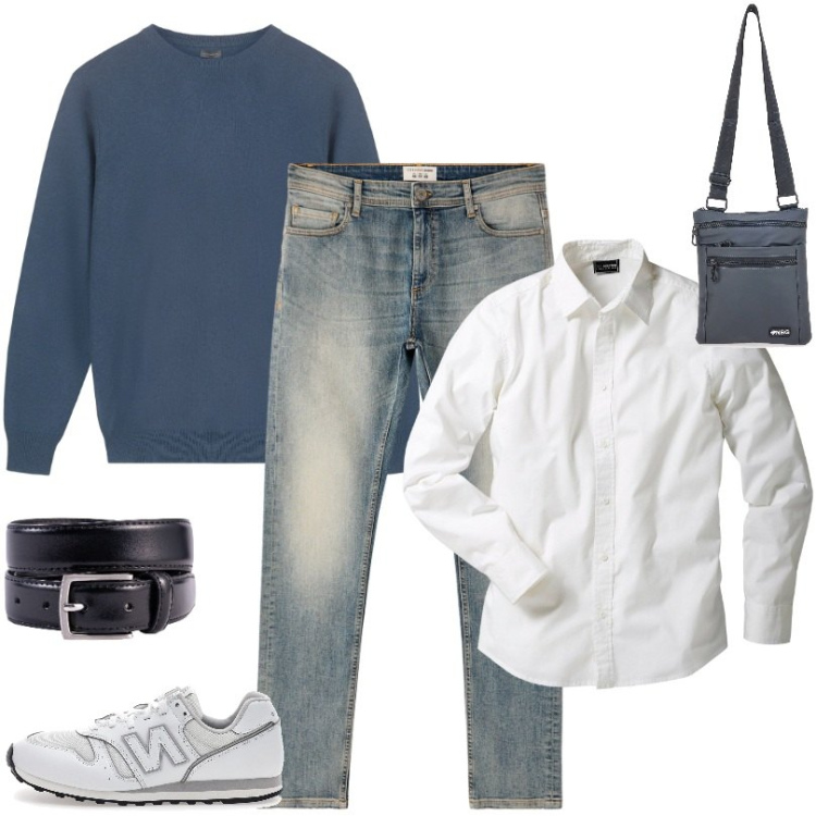 Outfit uomo - Maglia uomo girocollo indigo. Stile Casual per Tutti i giorni. Abbinamento con camicie, jeans skinny, borse sportive, sneakers, cinture, maglieria.
