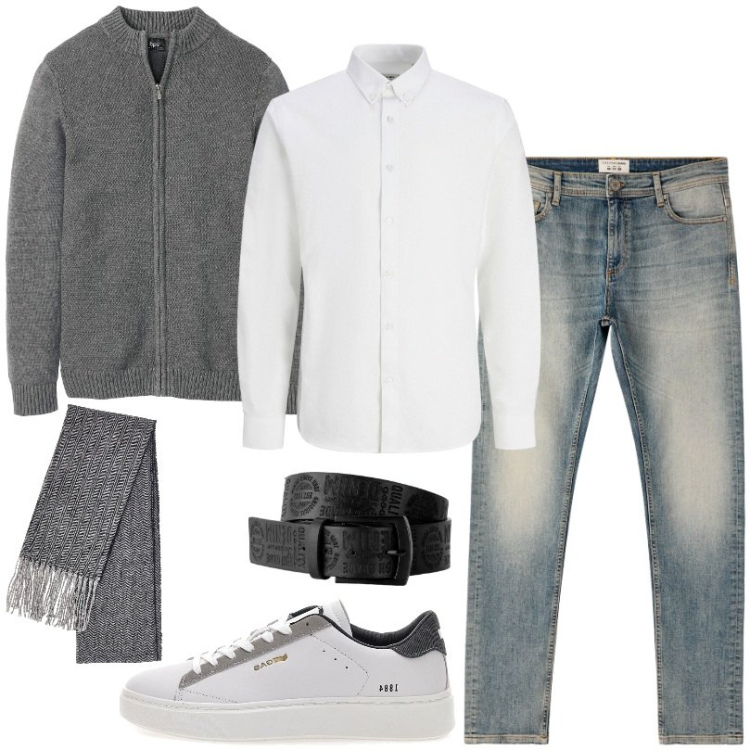Outfit uomo - Total look #2277437. Stile Casual per Ufficio. Abbinamento con cinture, cardigans, camicie, jeans skinny, sciarpe, sneakers.