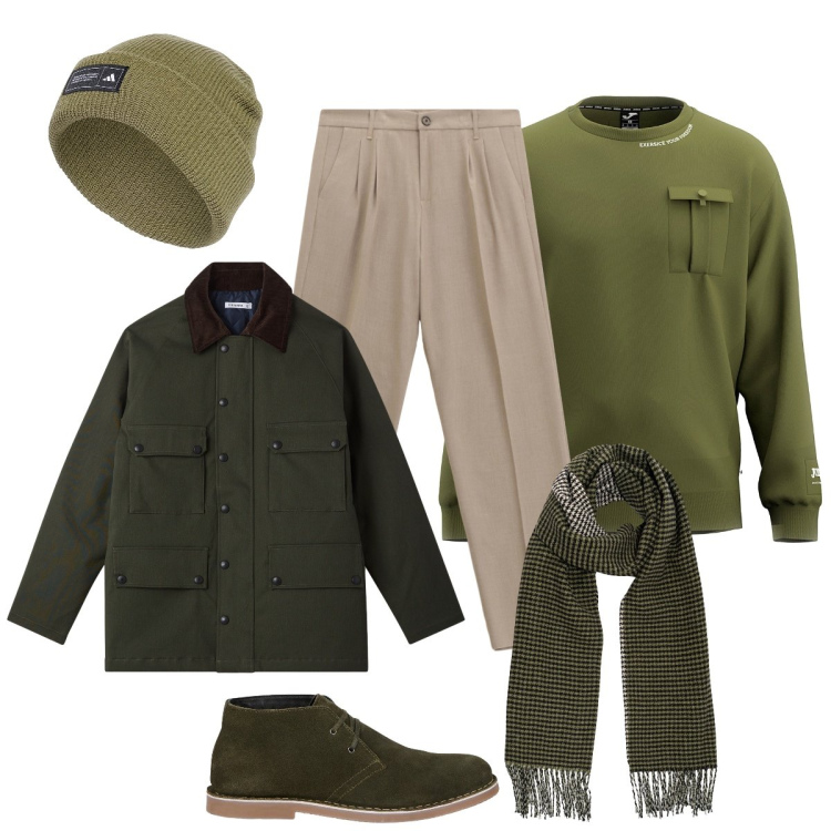 Outfit uomo - Total green. Stile Casual per Tutti i giorni. Abbinamento con eskimo, pantaloni, berretti, stivali e stivaletti, sciarpe, felpe.