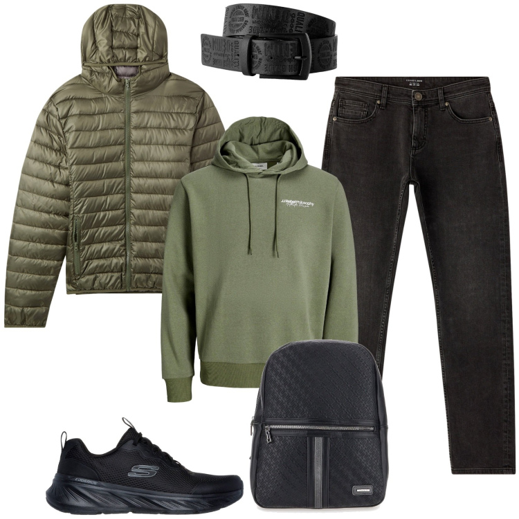 Outfit uomo - Total look #2277441. Stile Urban per Tutti i giorni. Abbinamento con cinture, felpe con cappuccio, piumini, jeans, borse sportive, sneakers.