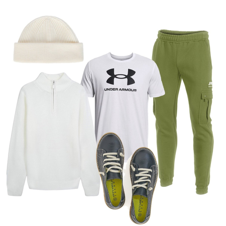 Outfit uomo - Domenica casual. Stile Casual per Sport. Abbinamento con maglieria, berretti, maglieria, sneakers, pantaloni.