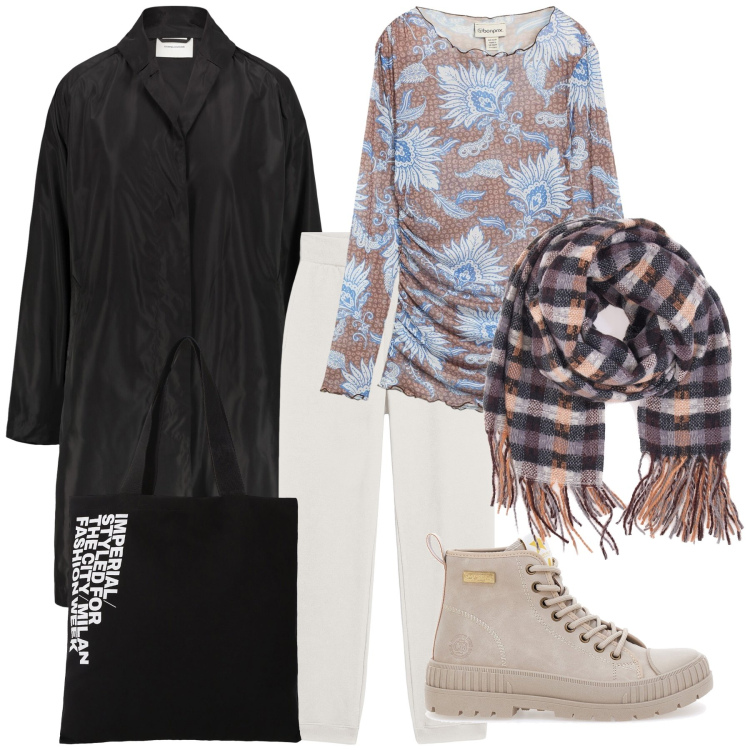 Outfit donna - Total look. Stile Urban per Tutti i giorni. Abbinamento con bluse, shopping bag, pantaloni, trench, sciarpe, anfibi.