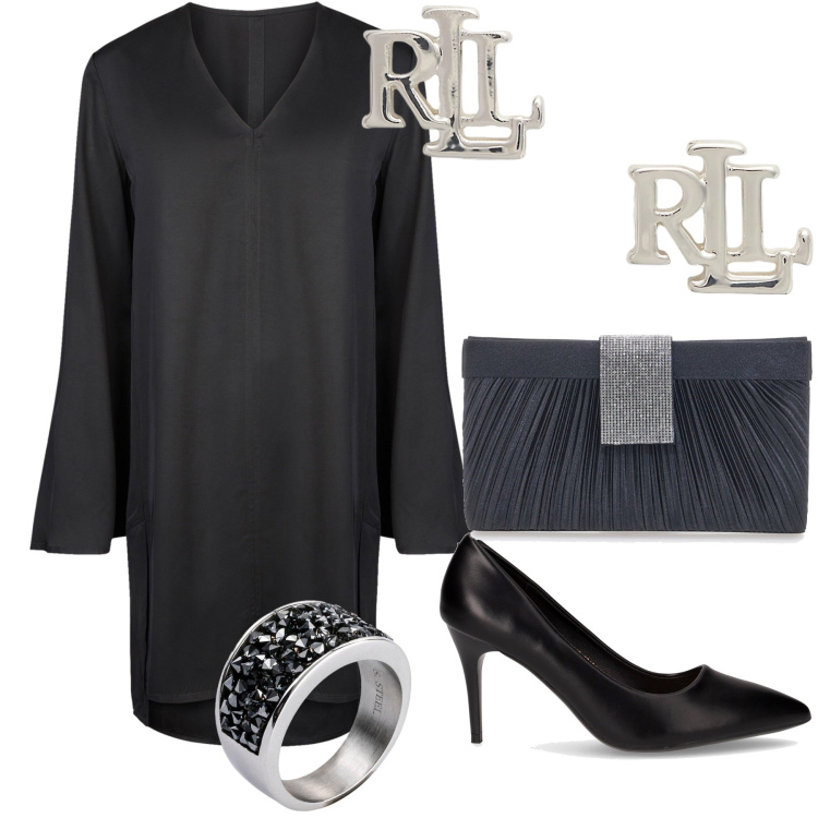 Outfit donna - Essenziale. Stile Chic per Serata fuori. Abbinamento con anelli, orecchini, vestiti a tubino, pochette, décolleté.