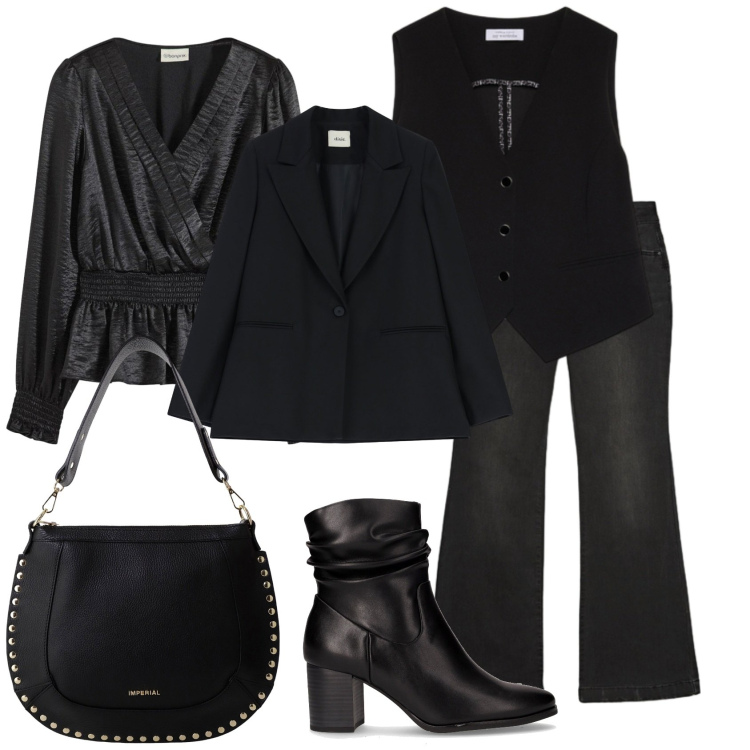 Outfit donna - Total look #2277446. Stile Glamour per Serata fuori. Abbinamento con tuniche, borse a spalla, blazer, gilet, jeans, stivaletti.