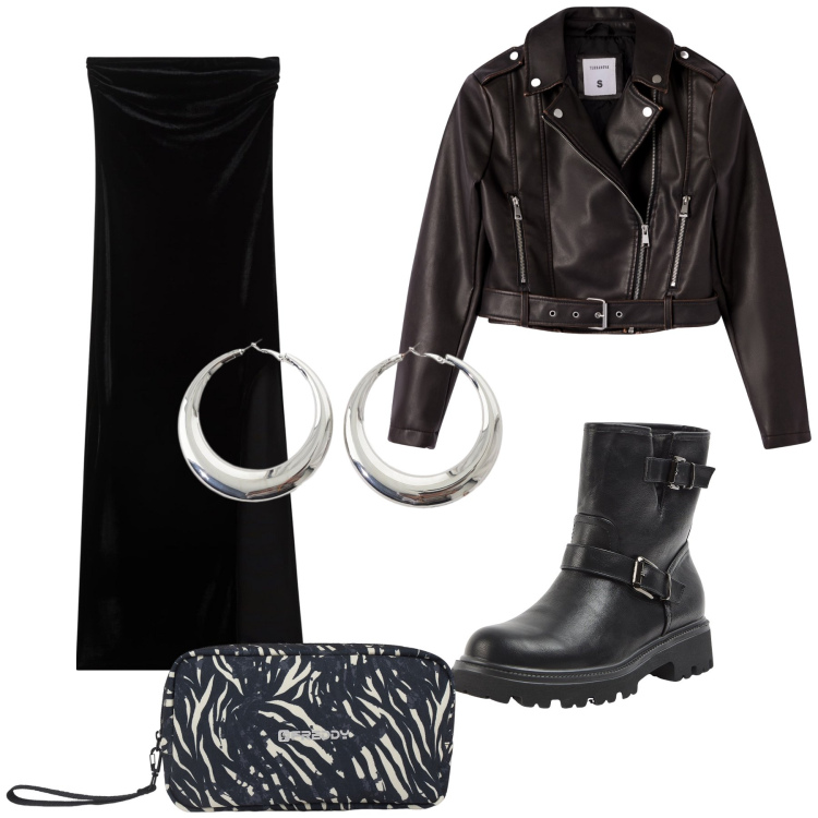 Outfit donna - Glam rock. Stile Rock per Serata fuori. Abbinamento con vestiti lunghi, stivaletti, giacche, orecchini, valigie.