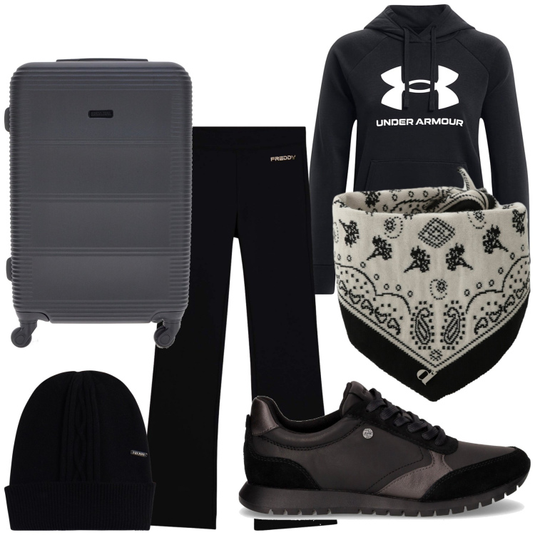 Outfit donna - Un breve viaggetto. Stile Casual per Tutti i giorni. Abbinamento con foulard, berretti, leggings, felpe con cappuccio, valigie, sneakers.