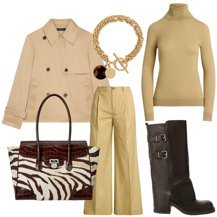Outfit donna - Look color caramello. Stile Chic per Ufficio. Abbinamento con stivali, borse a mano, pantaloni, braccialetti con ciondoli, maglieria, trench.