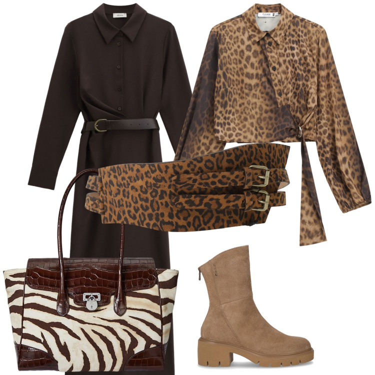 Outfit donna - Cambio cintura. Stile Trendy per Ufficio. Abbinamento con camicie, cinture, vestiti lunghi, borse a mano, stivaletti.