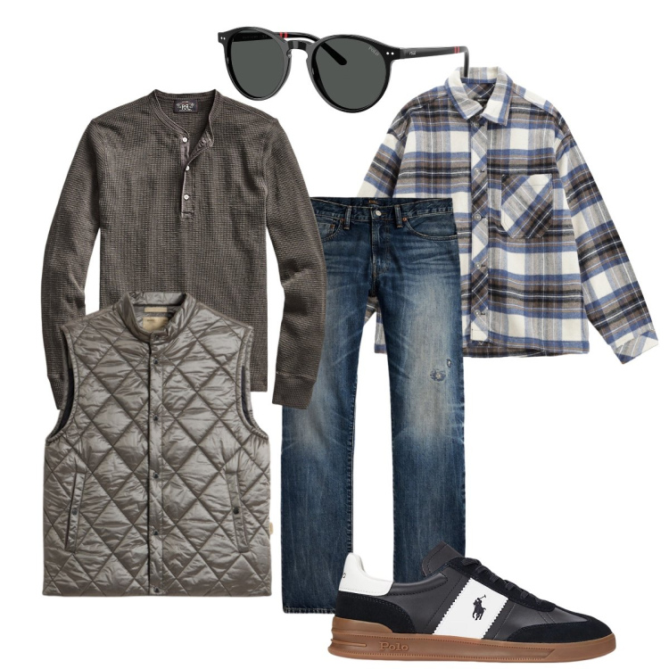 Outfit uomo - Total look #2277454. Stile Urban per Tutti i giorni. Abbinamento con camicie, gilet, t-shirt, sneakers, jeans dritti, occhiali da sole.