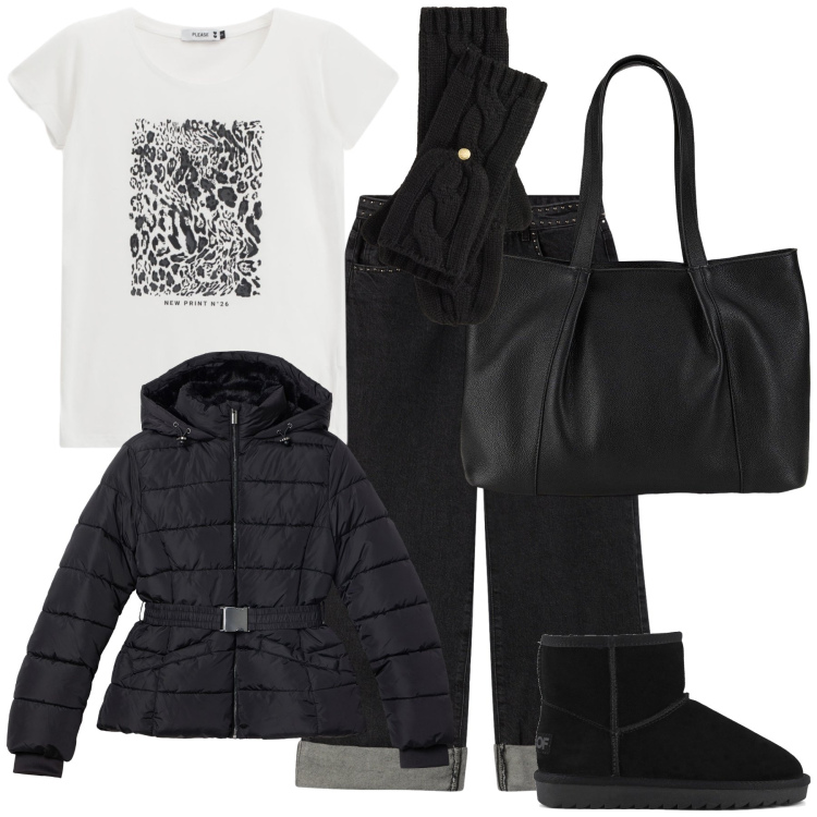 Outfit donna - Con tshirt ma al caldo. Stile Basic per Tutti i giorni. Abbinamento con shopping bag, piumini, jeans dritti, t-shirt, guanti, stivali.