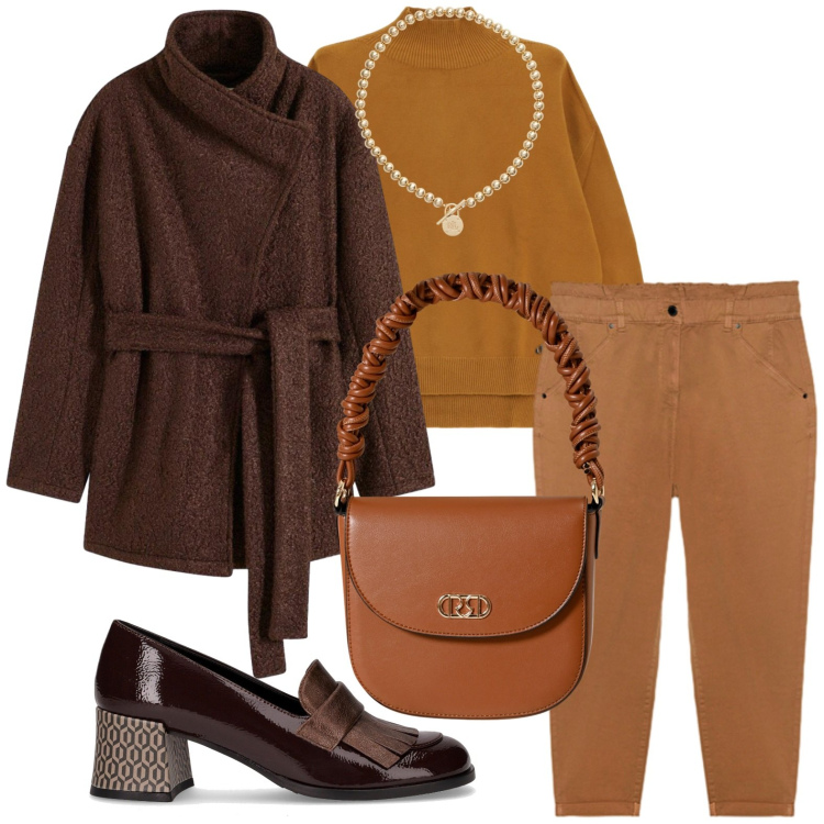 Outfit donna - Look color caramello. Stile Casual per Ufficio. Abbinamento con blazer, borse a mano, maglieria, collane, pantaloni, mocassini.
