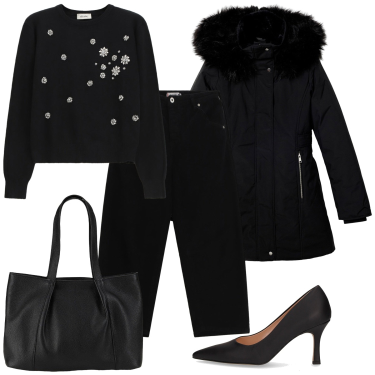 Outfit donna - Nero nero. Stile Urban per Tutti i giorni. Abbinamento con shopping bag, parka, pantaloni, maglieria, décolleté.