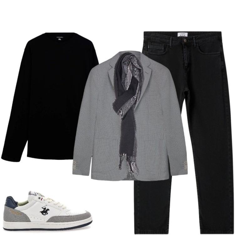 Outfit uomo - casual-sport. Stile Trendy per Tutti i giorni. Abbinamento con t-shirt, jeans dritti, sciarpe, giacche, sneakers.