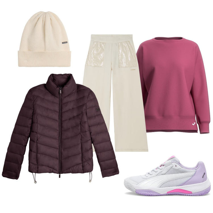 Outfit donna - Rilassata. Stile Sporty chic per Tutti i giorni. Abbinamento con berretti, piumini, pantaloni sportivi, felpe, scarpe sportive.