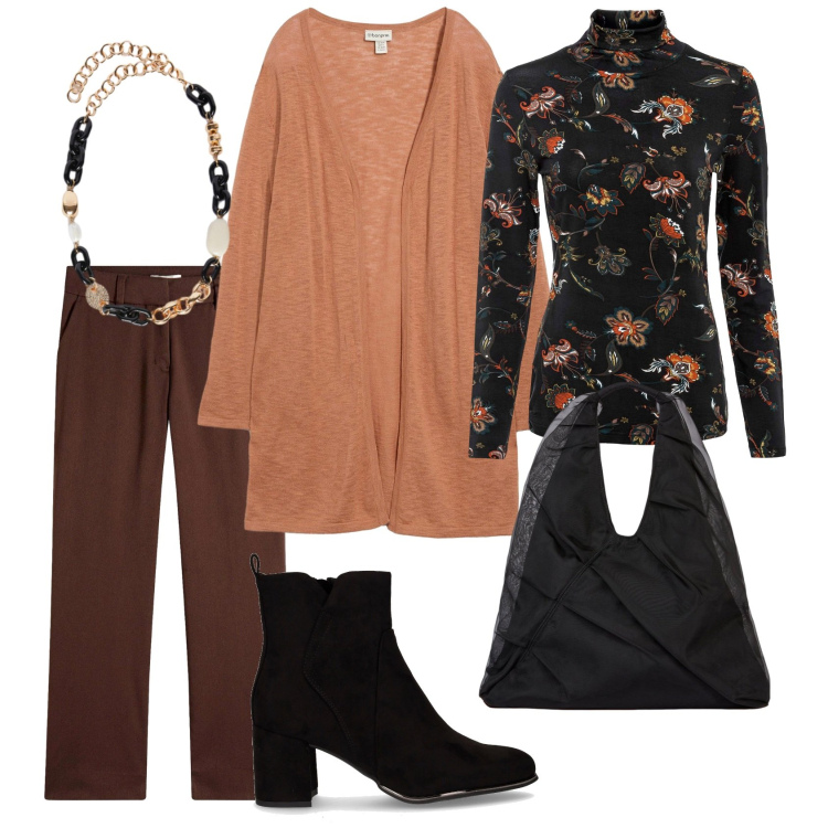 Outfit donna - Total look #2277467. Stile Chic per Ufficio. Abbinamento con maglieria, cardigans, pantaloni, shopping bag, collane, stivaletti.