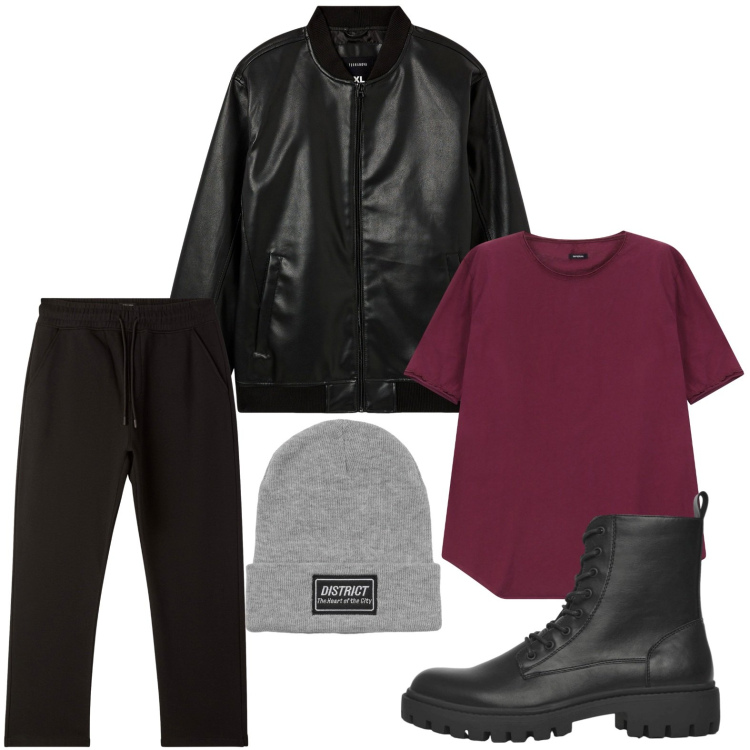 Outfit uomo - Skin celebration. Stile Trendy per Serata speciale. Abbinamento con bomber, anfibi, pantaloni, berretti, t-shirt.