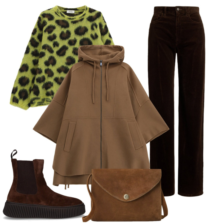 Outfit donna - Avvolgente autunno. Stile Glamour per Tutti i giorni. Abbinamento con cappotti, maglieria, borse a tracolla, pantaloni, stivaletti chelsea.