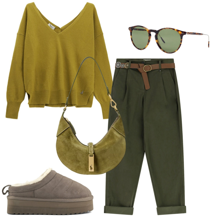 Outfit donna - Total look #2277471. Stile Glamour per Tutti i giorni. Abbinamento con pantaloni, maglieria, borse a spalla, occhiali da sole, sabot.