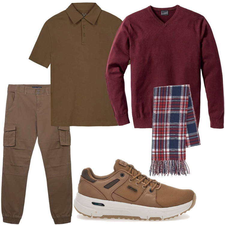 Outfit uomo - Sfumature di marrone. Stile Casual per Tutti i giorni. Abbinamento con maglieria, pantaloni cargo, sciarpe, sneakers, polo.