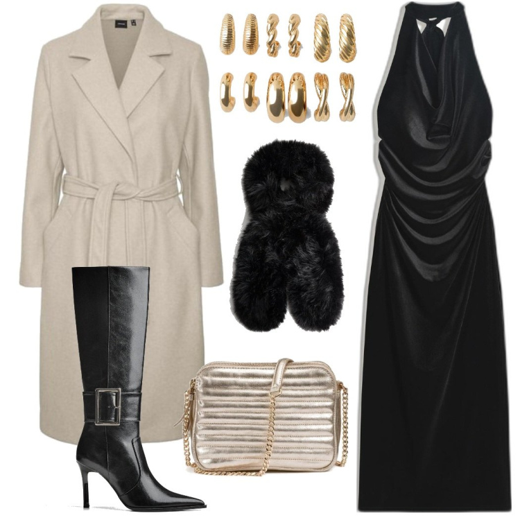 Outfit mujer - Negro Chic. Estilo Trendy para Noche/Fiesta elegante. Combinación con bolsos de hombro, pendientes, botas, abrigos, vestidos midi/longuettes, chales.
