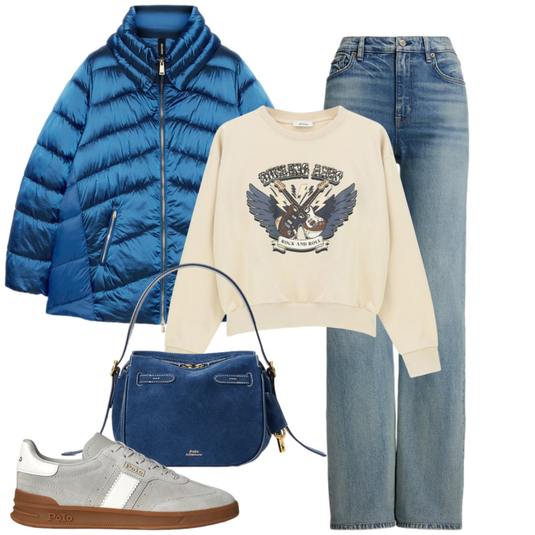 Outfit donna - Look confortevole. Stile Casual per Tutti i giorni. Abbinamento con felpe, borse a mano, sneakers, jeans, piumini.