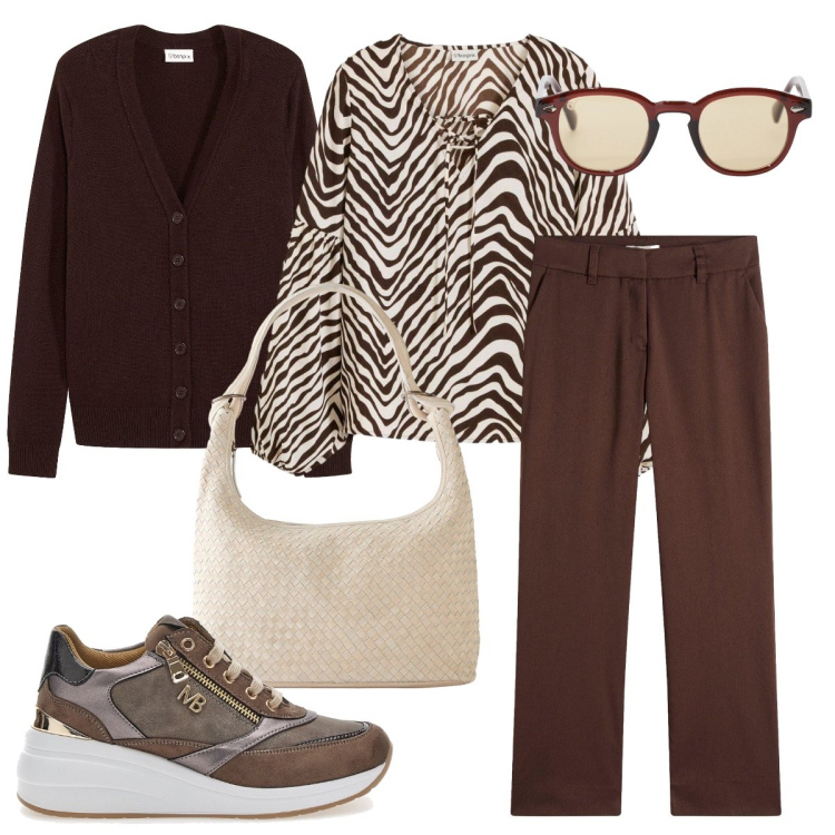 Outfit donna - La blusa zebrata. Stile Casual chic per Ufficio. Abbinamento con shopping bag, cardigans, pantaloni, tuniche, occhiali da sole, sneakers.
